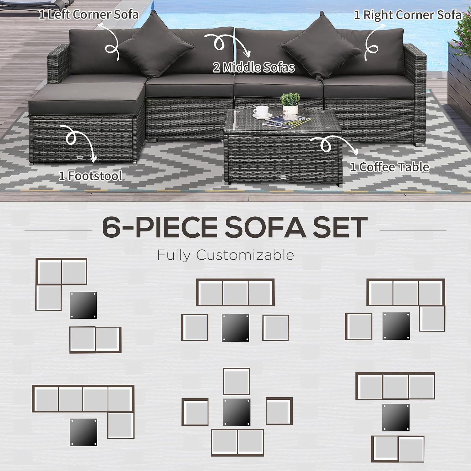 Outsunny 6 Piece Patio Furniture Set Outdoor Wicker Conversation Set All Weather PE Rattan Sectional Sofa Set with Ottoman, Cushions and Tempered Glass Table, Mixed Gray and Charcoal
