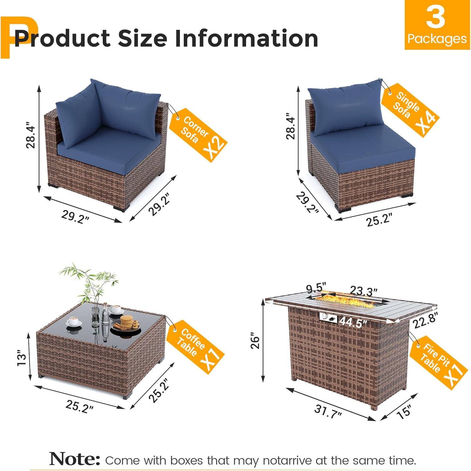 UDPATIO Furniture Set with Fire Pit Table, 8 Piece Sectional Sofas, All-Weather Wicker Conversation for Garden, Backyard, Navy Blue