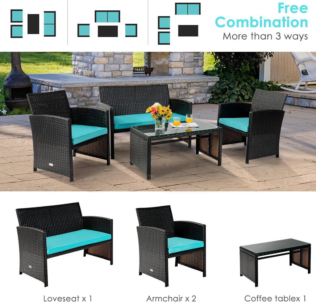 COSTWAY 4 Piece Patio Furniture Set, Outdoor PE Rattan Wicker Sectional Sofa with Cushion and Coffee Table, Patio Conversation Sets for Balcony Lawn Porch Patio Backyard Garden Poolside, Turquoise