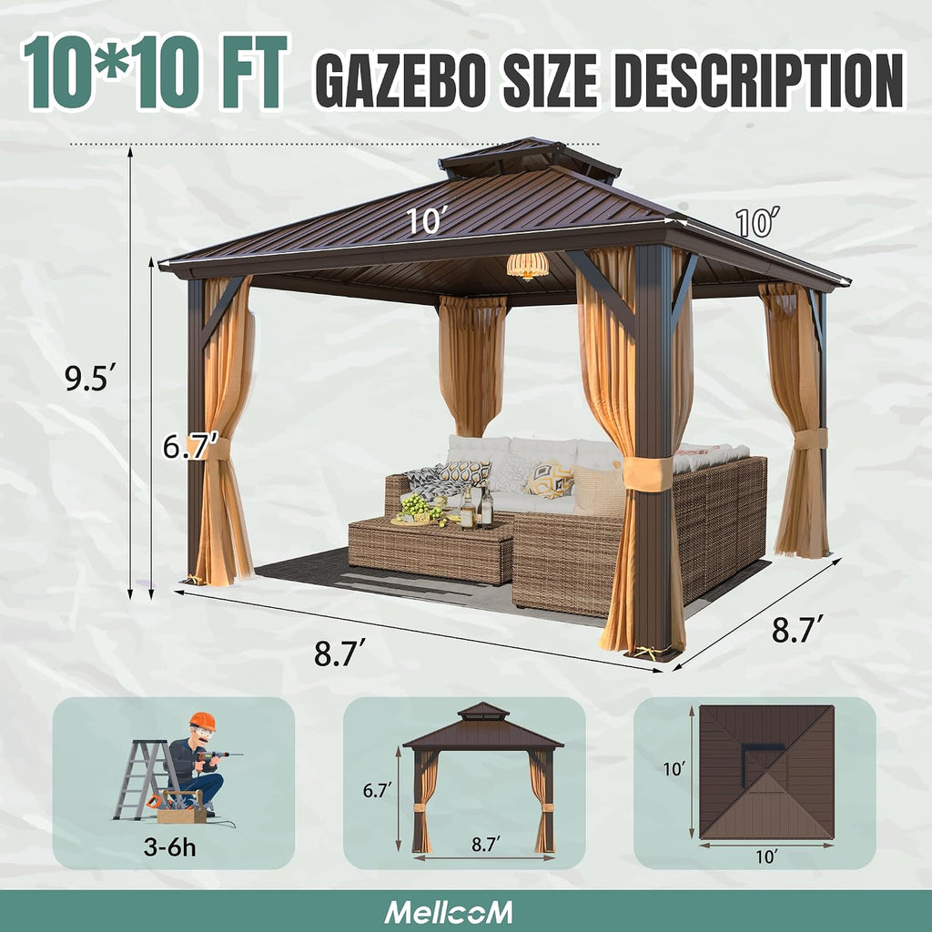 MELLCOM 10' x 10' Gazebo, Hardtop Double Roof Gazebo with Aluminum Frame, Galvanized Steel Outdoor Pavilion with Curtain and Netting for Patio, Garden, Lawn, Brown