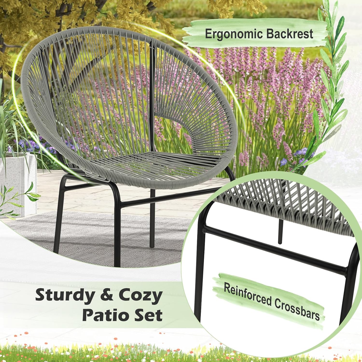 Tangkula 3 Piece Outdoor Patio Furniture Set, Acapulco Chair Set w/Plastic Rope, Tempered Glass Table, All Weather Patio Bistro Set for Patio, Lawn, Garden, Backyard (Grey)
