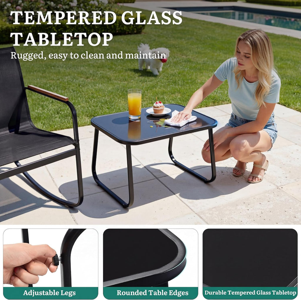 YITAHOME 4 Pieces Patio Furniture Set, Outdoor Textilene Conversation Sets Rocking Bistro Chairs, Loveseat and Glass Table for Living Room Lawn Garden Balcony Poolside Backyard (Black)