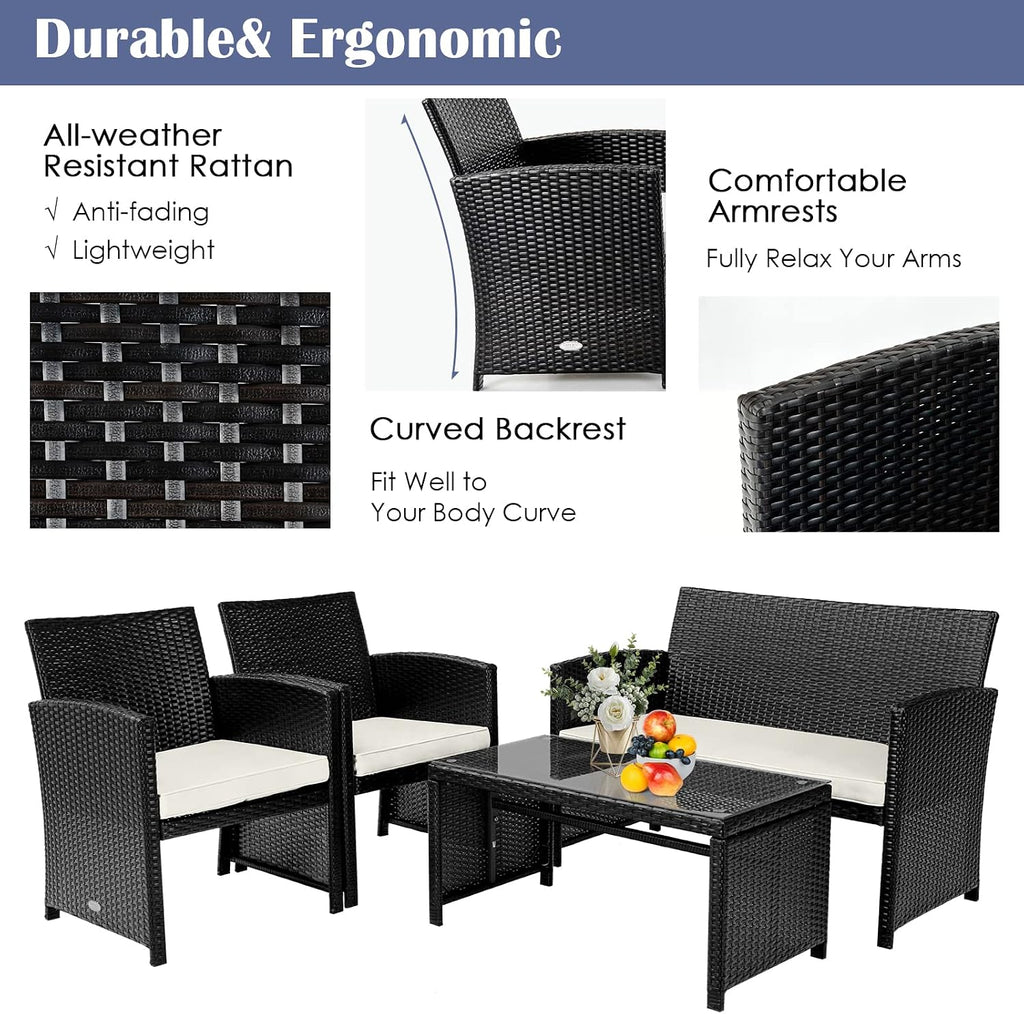 COSTWAY 4 Piece Patio Furniture Set, Outdoor PE Rattan Wicker Sectional Sofa with Cushion and Coffee Table, Patio Conversation Sets for Balcony Lawn Porch Patio Backyard Garden Poolside, White