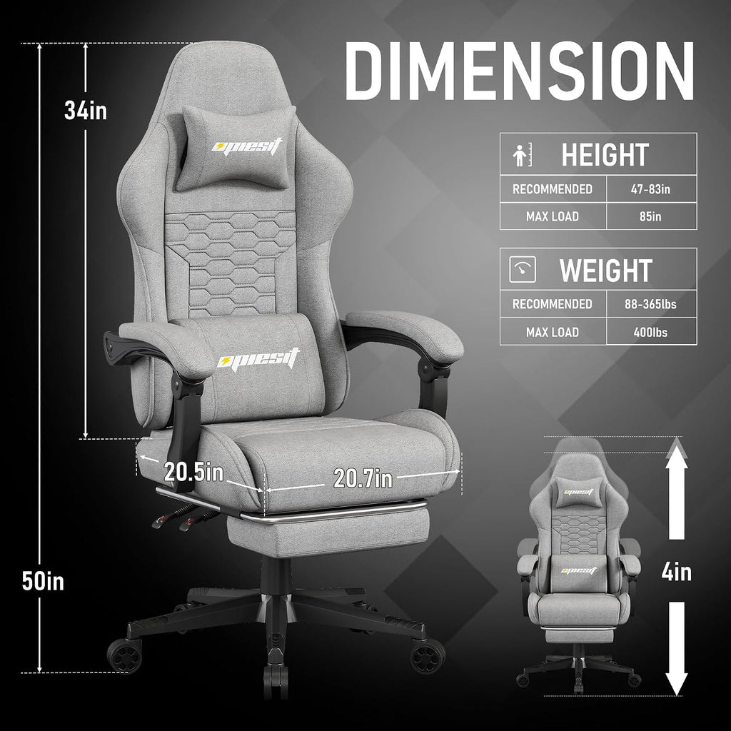 Opiesit Gaming Chair,Computer Chair with Pocket Spring Cushion,Ergonomic Office Chair with Footrest,Height Adjustable Video Gamer Chair with Lumbar Support for Adults (with Massage, Light Gray)