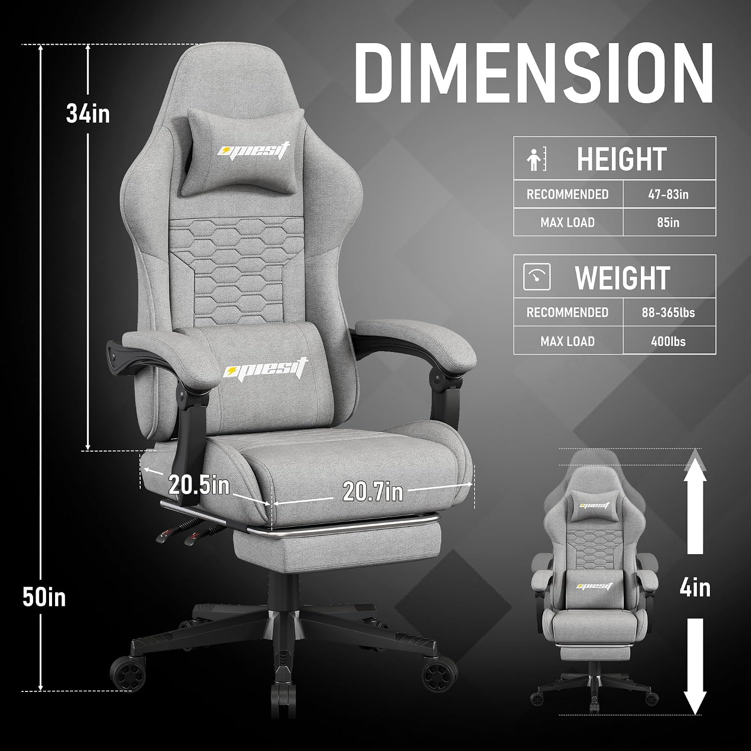 Opiesit Gaming Chair,Computer Chair with Pocket Spring Cushion,Ergonomic Office Chair with Footrest,Height Adjustable Video Gamer Chair with Lumbar Support for Adults (with Massage, Light Gray)