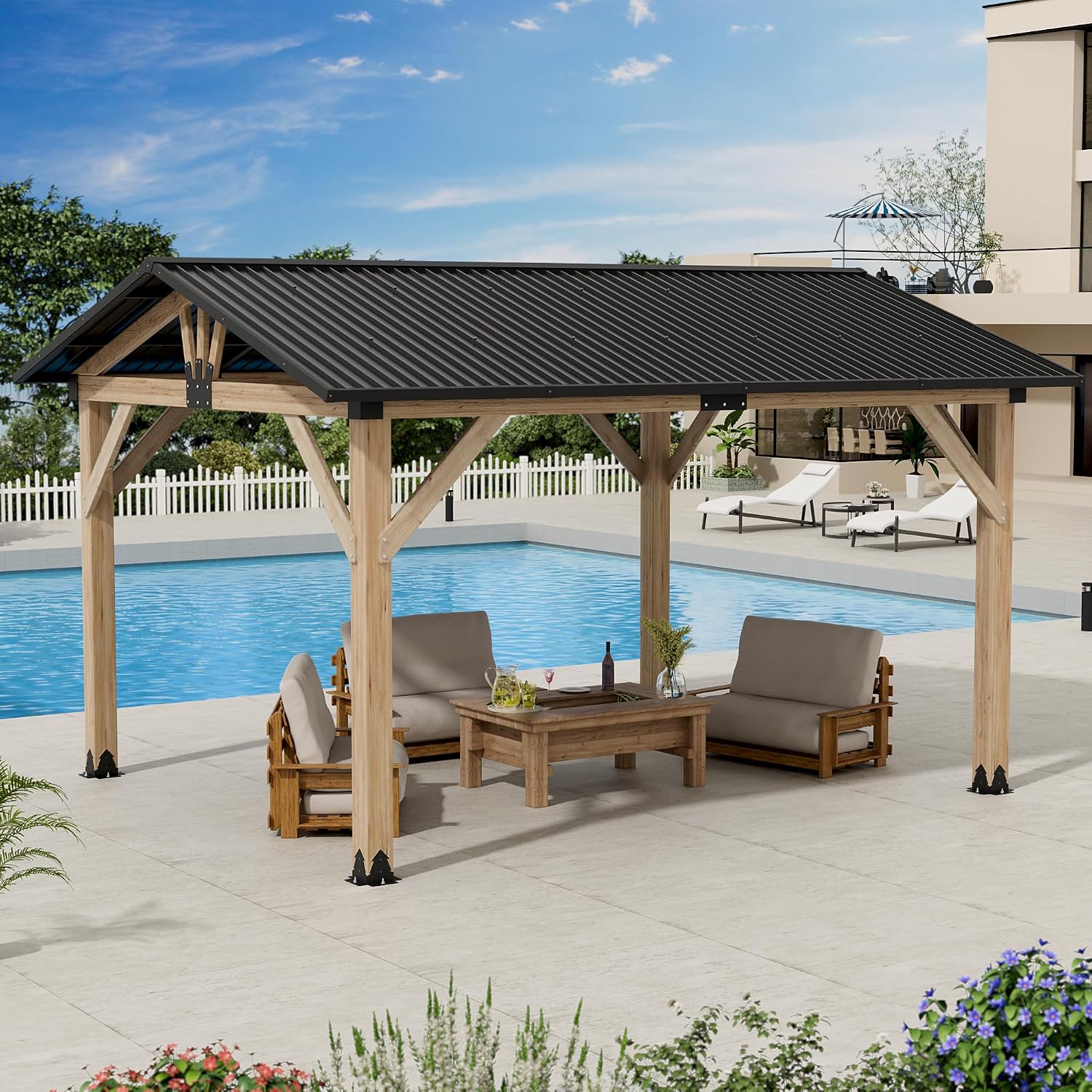11'x13' Outdoor Patio Wooden Gazebo - Cedar Solid Wood Gazebo with Galvanized Steel Roof, Wooden Frame, Pavilion for Lawns, Beach, Patio, Garden (11X13FT)