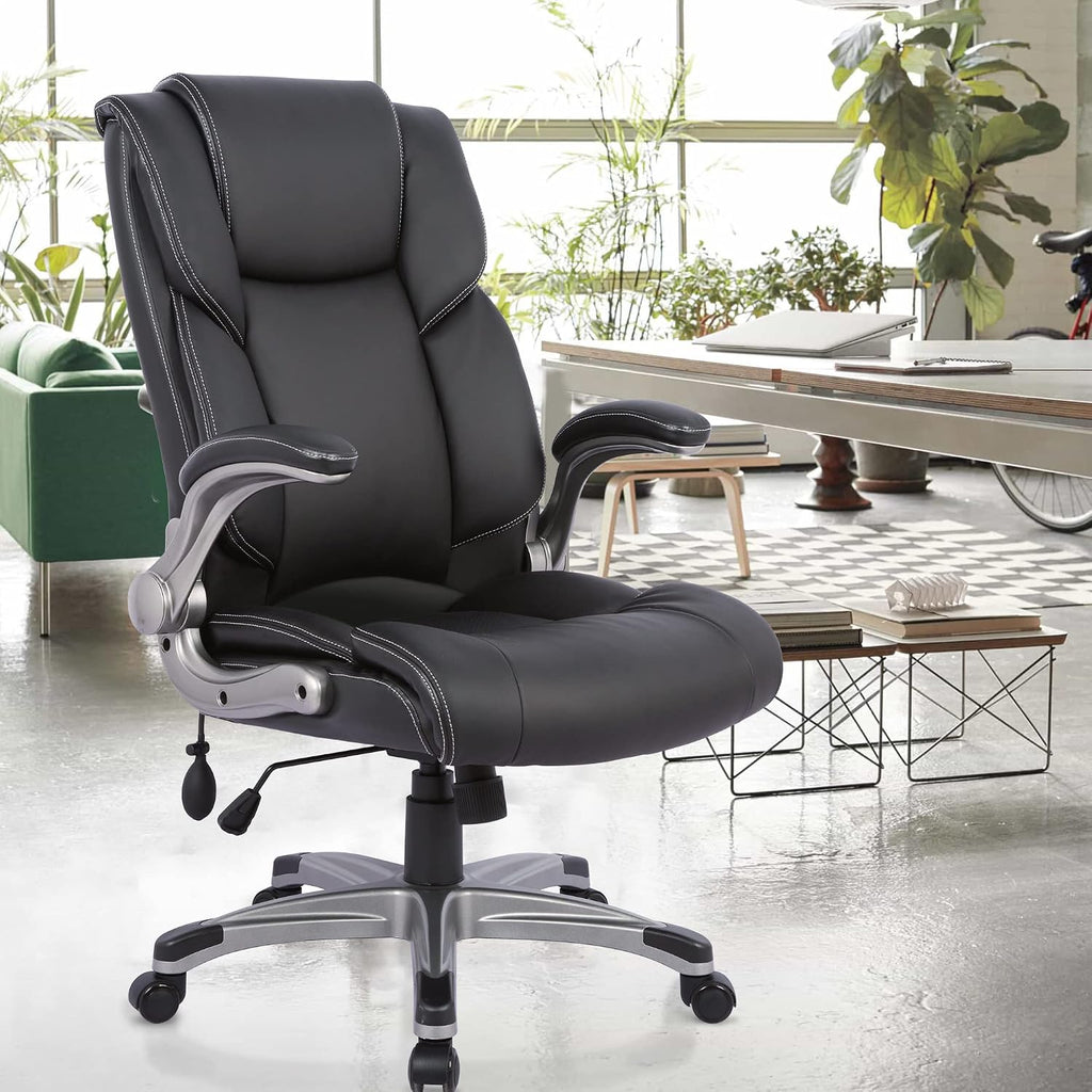 COLAMY High Back Executive Office Chair - Padded Leather Ergonomic Computer Desk Chair with Inflatable Lumbar Support & Flip-Up Arms, Adjustable Tilt Lock Swivel Task Chair for Home Office, Black