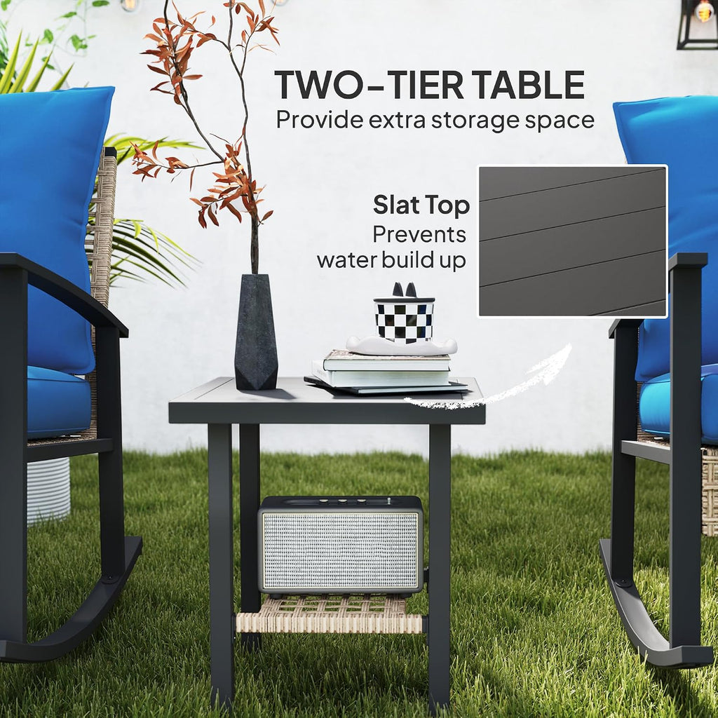 Outsunny 3 Pieces Rocking Wicker Outdoor Bistro Set, Rattan Patio Furniture Set with Coffee Table and Porch Chairs, Button Tufted Cushions for Backyard, Balcony, Garden, Dark Blue