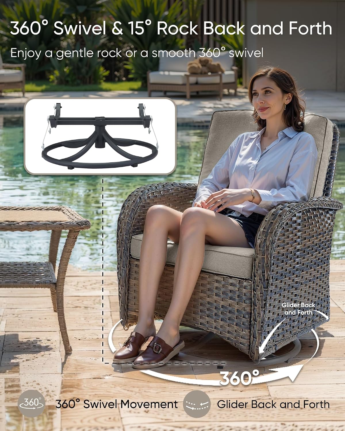 HUMMUH Outdoor Swivel Chairs,3 Pieces Patio Furniture Set with 360 Degree Wicker Swivel Rocking Chairs and Side Table for Garden,Porch,Backyard (Brown/Grey)
