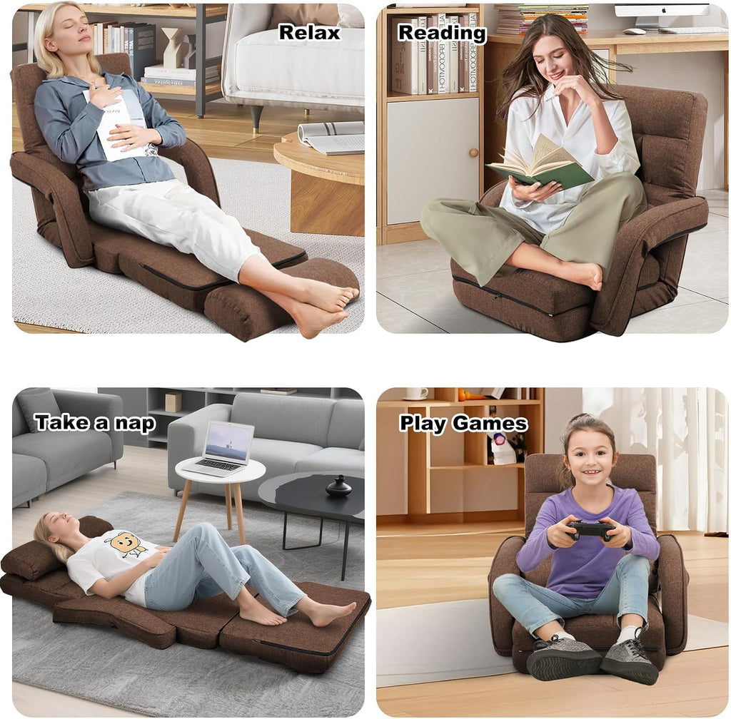 Indoor Floor Chair with Armrest and Pillow Folding Chaise Lounge Sofa 14-Position Adjustable Comfy Gaming Recliner Chair Padded Seats for Adults (Brown)