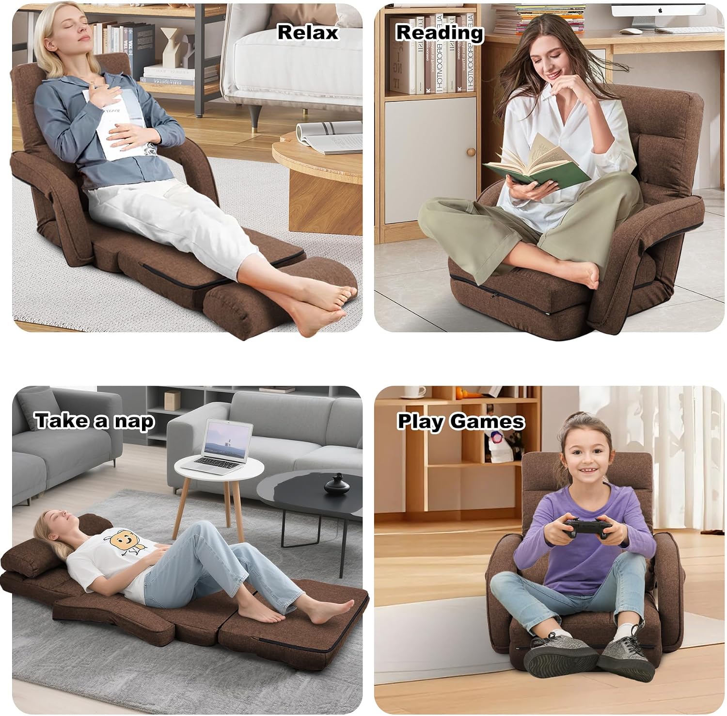 Indoor Floor Chair with Armrest and Pillow Folding Chaise Lounge Sofa 14-Position Adjustable Comfy Gaming Recliner Chair Padded Seats for Adults (Brown)