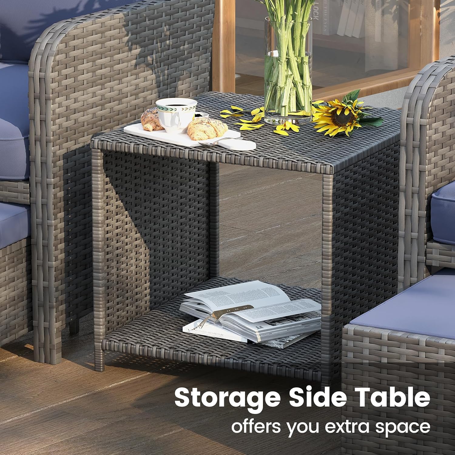 UDPATIO Wicker Patio Chairs with Ottoman Balcony Furniture 5 Pieces Patio Conversation Set for Small Space