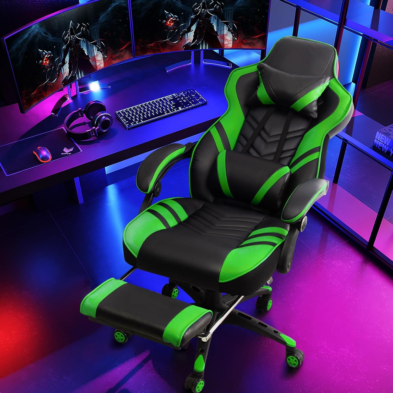 Goplus Gaming Chair, Computer Chair with Footrest and Lumbar Support, Height Adjustable Executive Swivel Rolling Task Chair with 90°-155° Tilt Function (Green)