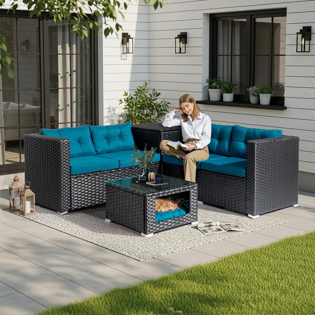 Outvita 4 Piece Outdoor Patio Furniture Set, PE Rattan Conversation Sofa Set, Wicker All-Weather Outside Furniture w/Glass Top Coffee Table with Pet Ped & Hidden Storage for Garden, Balcony (Black)