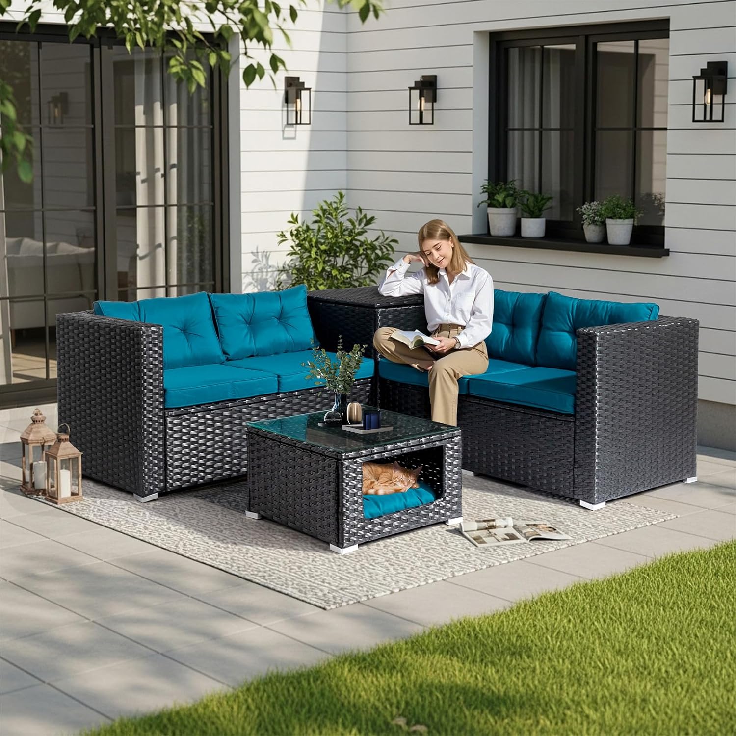 Outvita 4 Piece Outdoor Patio Furniture Set, PE Rattan Conversation Sofa Set, Wicker All-Weather Outside Furniture w/Glass Top Coffee Table with Pet Ped & Hidden Storage for Garden, Balcony (Black)