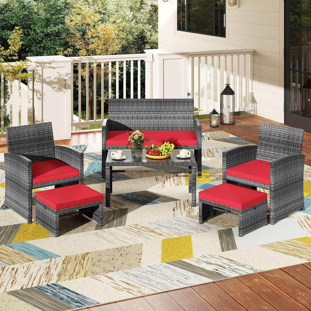 Tangkula 6 Pieces Patio Furniture Set, Outdoor Rattan Conversation Chairs Set with 1 Loveseat, 1 Coffee Table, 2 Armchairs and 2 Ottomans for Garden, Deck, Backyard and Poolside (Red)