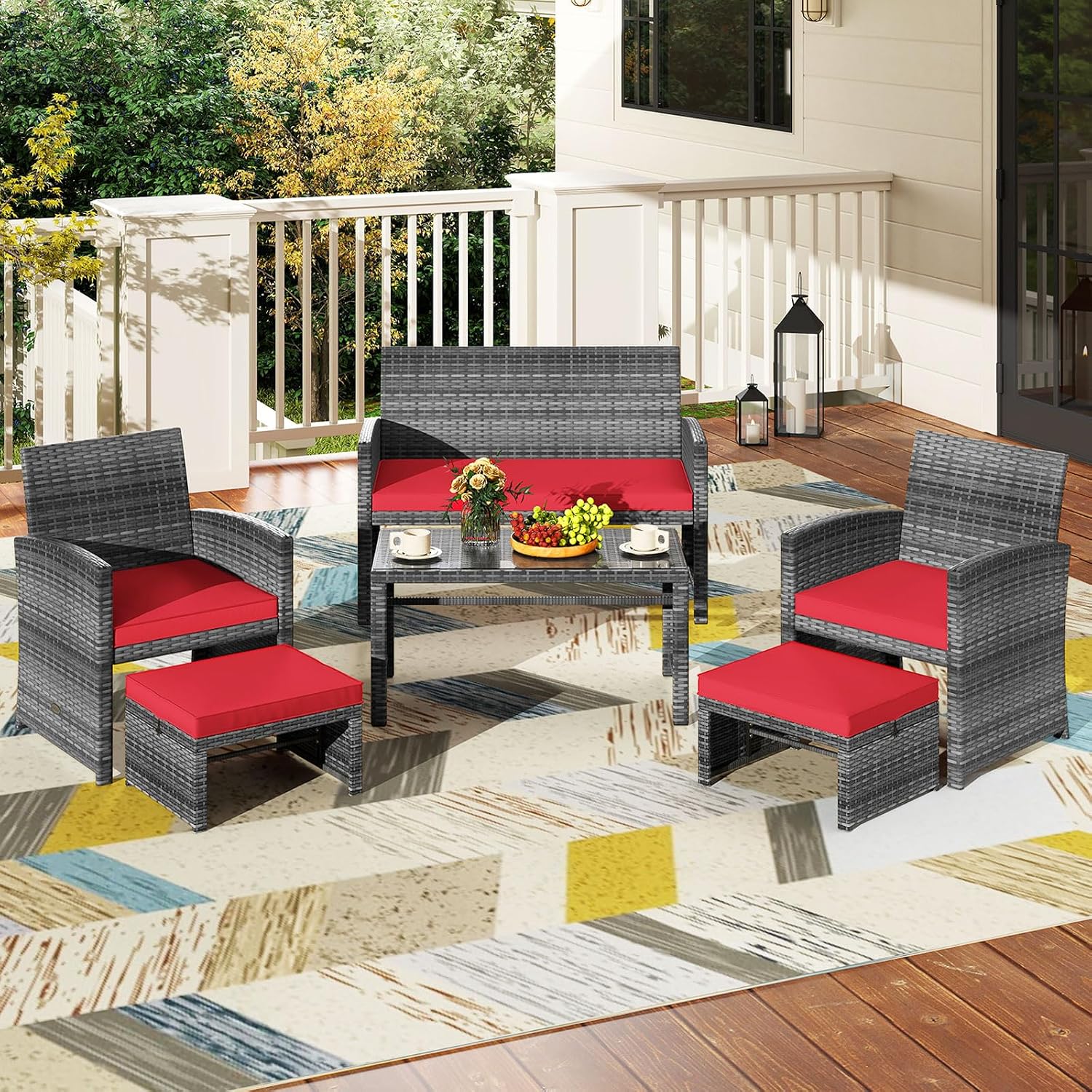 Tangkula 6 Pieces Patio Furniture Set, Outdoor Rattan Conversation Chairs Set with 1 Loveseat, 1 Coffee Table, 2 Armchairs and 2 Ottomans for Garden, Deck, Backyard and Poolside (Red)