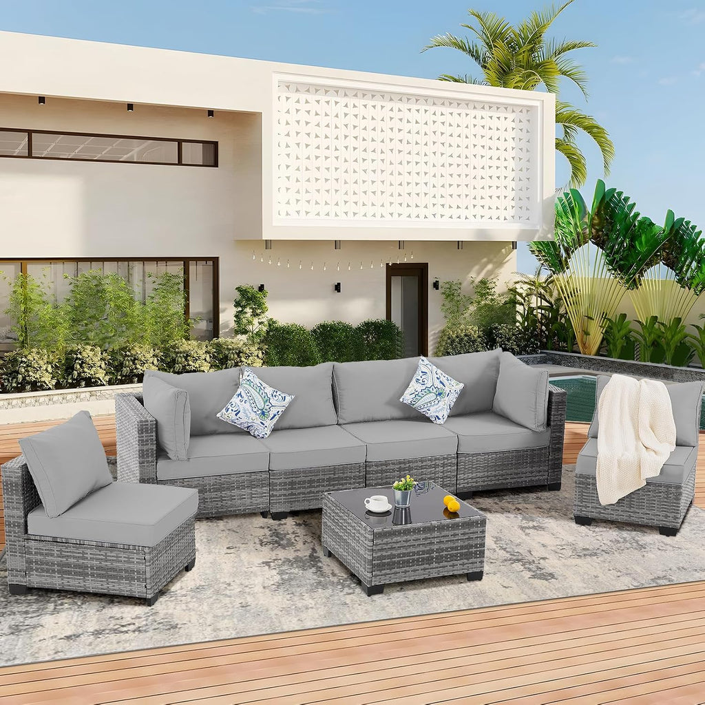 FHFO 7 Piece Outdoor Wicker Patio Furniture Set, Rattan Sectional Sofa Couch, Patio Conversation Set with Cushion & Coffee Table, for Backyard Poolside Porch Garden, Grey
