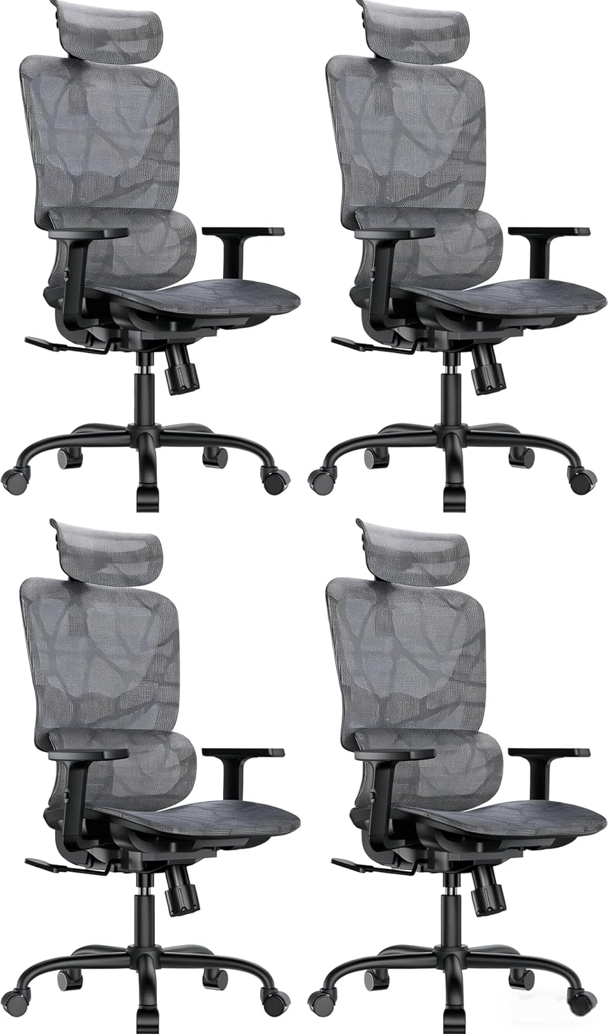 HUANUO Ergonomic Mesh Office Chair with 5-Level Lumbar Support, Computer Gaming Chair with Adjustable Headrest & Armrests, Rocking Tilt, Comfortable High Back Desk Chair for Home Office,4 Pack