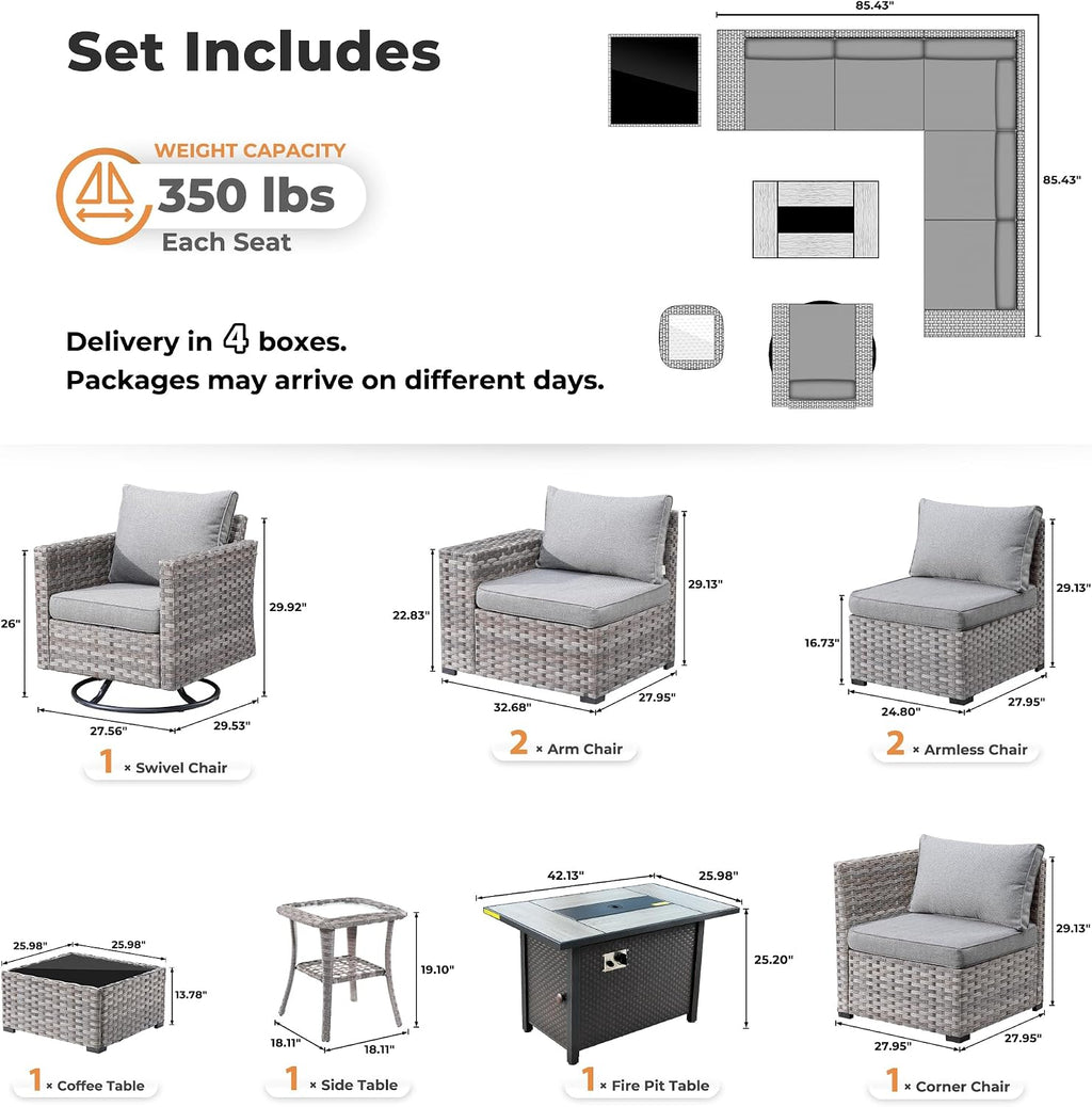 ovios 9 Pieces Patio Furniture Set, Outdoor Wicker Sectional Sofa with 42' Firepit Table Swivel Chair, Modern Modular Deep Seat Rattan Couch Conversation Sets, Dark Grey