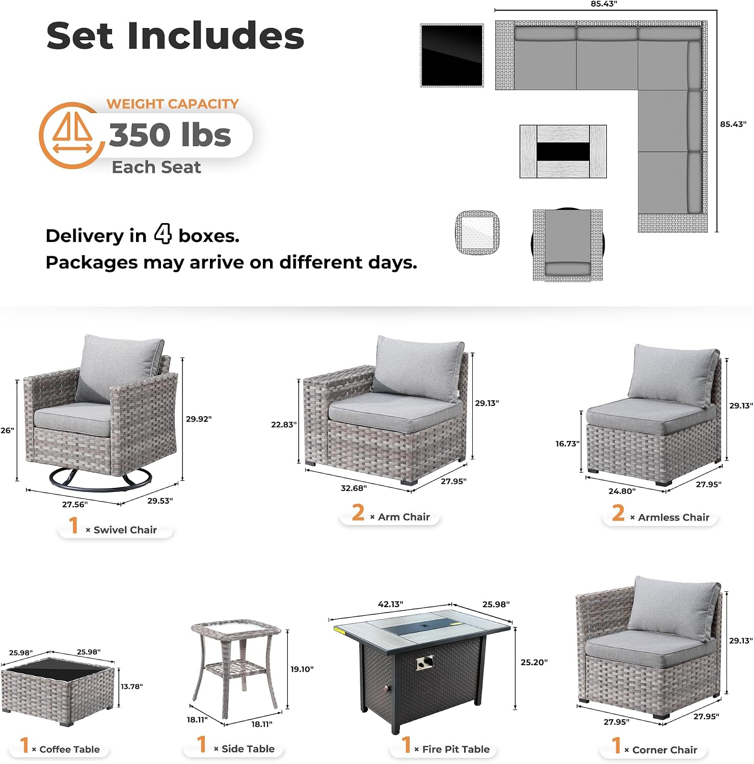 ovios 9 Pieces Patio Furniture Set, Outdoor Wicker Sectional Sofa with 42' Firepit Table Swivel Chair, Modern Modular Deep Seat Rattan Couch Conversation Sets, Dark Grey