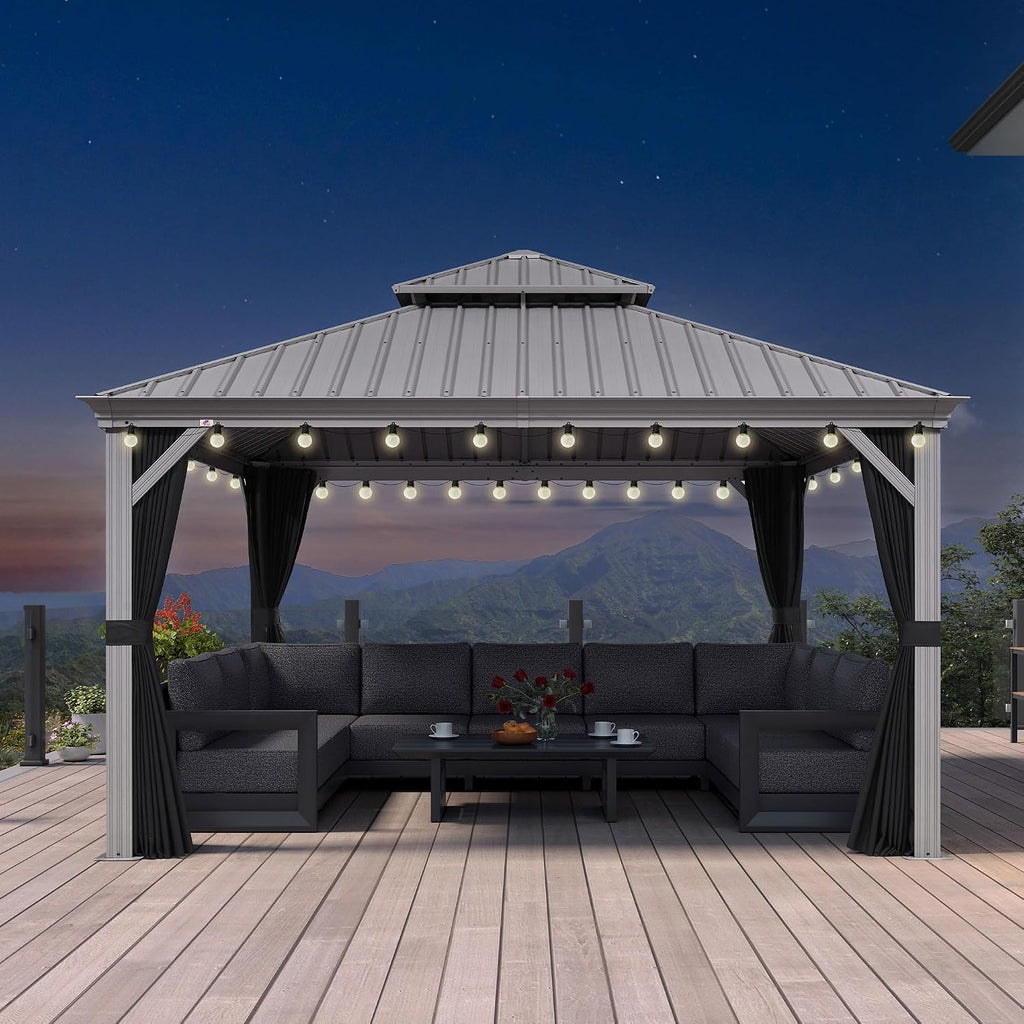 PURPLE LEAF 13' X 13' Hardtop Aluminum Gazebo with Netting and Curtains Heavy Duty Permanent Gazebo with Double Metal Roof for Patio Deck Lawn Garden All Weather Outdoor Pavilion Gazebos, Light Grey