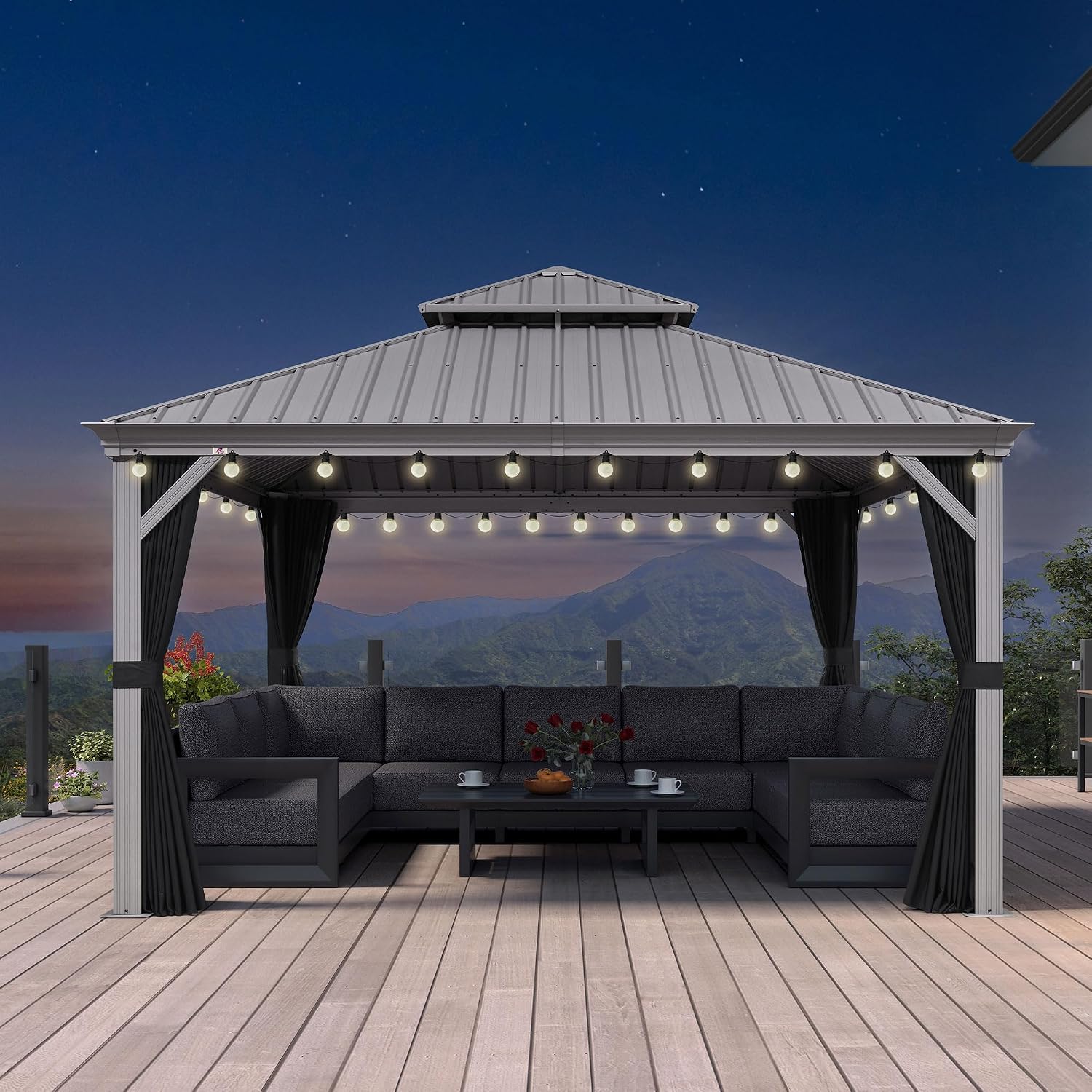 PURPLE LEAF 13' X 13' Hardtop Aluminum Gazebo with Netting and Curtains Heavy Duty Permanent Gazebo with Double Metal Roof for Patio Deck Lawn Garden All Weather Outdoor Pavilion Gazebos, Light Grey