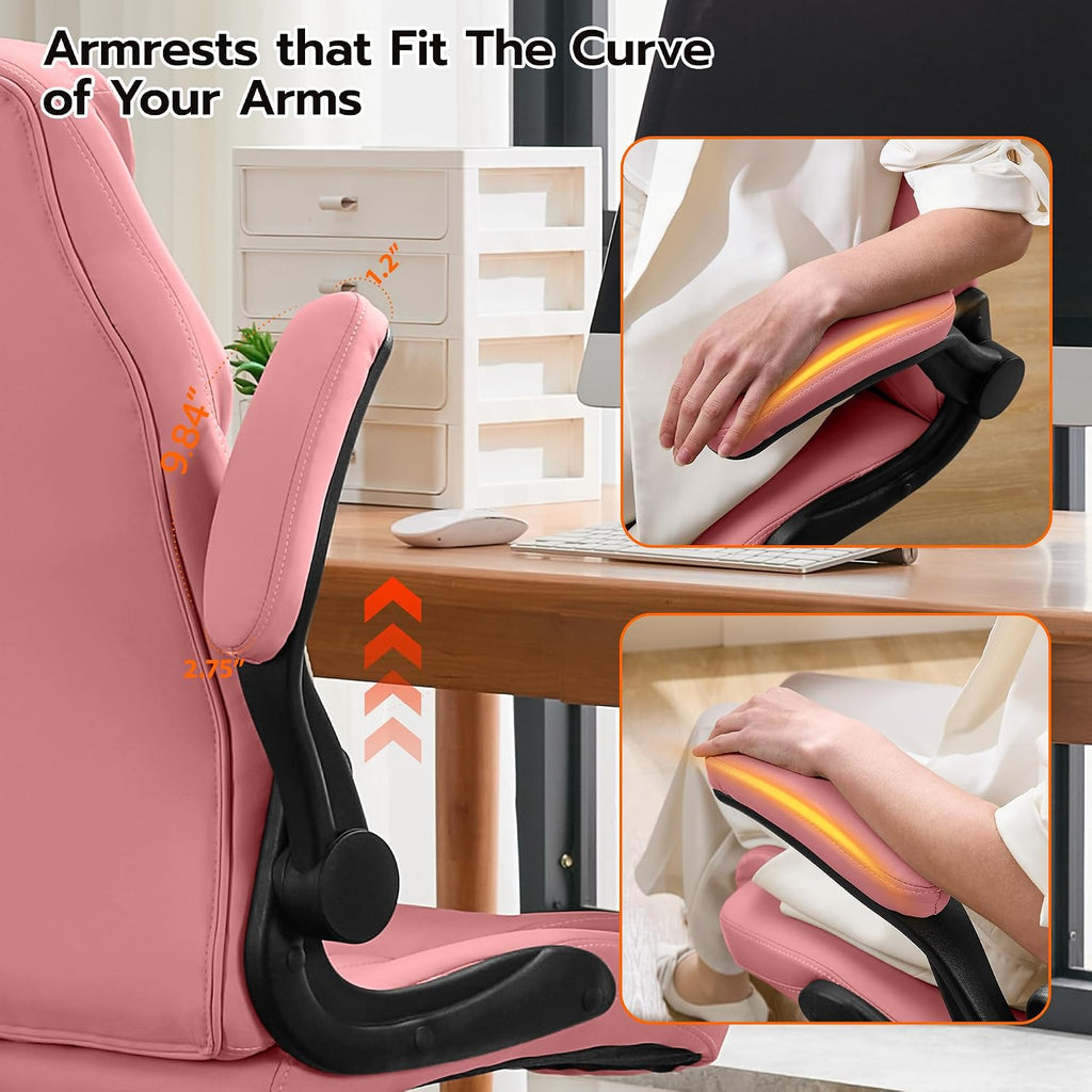 Ylzyxal Office Desk Chair, Ergonomic Computer Chair with Padded Flip-Up Arms and Adjustable Lumbar Support, PU Leather Executive Chair with Tilt Lock and 360° Swivel Rolling Wheels for Work, Study