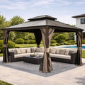 Domi 10' x 13' Outdoor Hardtop Gazebo, Upgraded Metal Gazebo with Galvanized Steel Double Roof, Heavy Duty Canopy Permanent Pavilion for Patio Lawn and Garden, Curtains and Netting Included, Brown