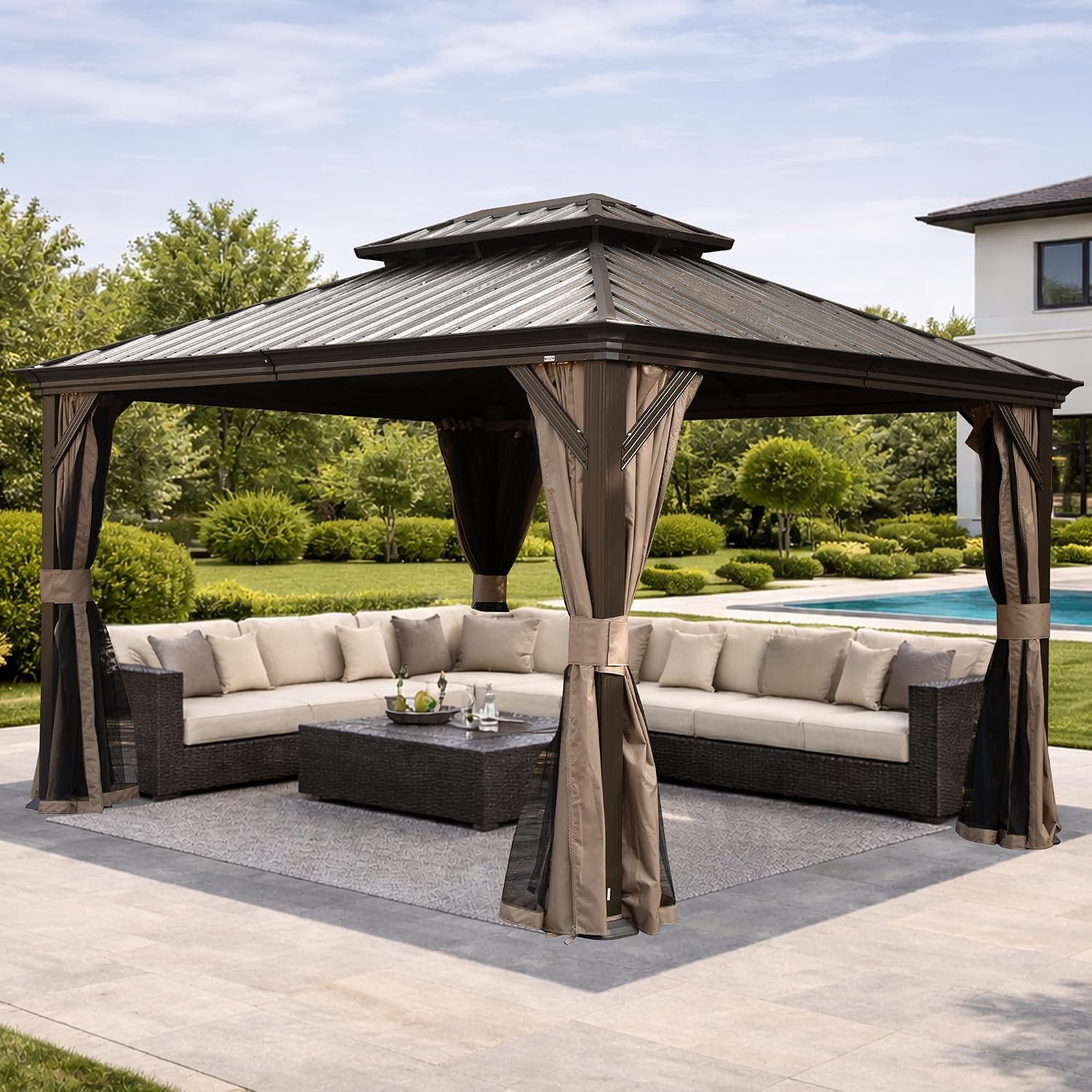 Domi 10' x 13' Outdoor Hardtop Gazebo, Upgraded Metal Gazebo with Galvanized Steel Double Roof, Heavy Duty Canopy Permanent Pavilion for Patio Lawn and Garden, Curtains and Netting Included, Brown