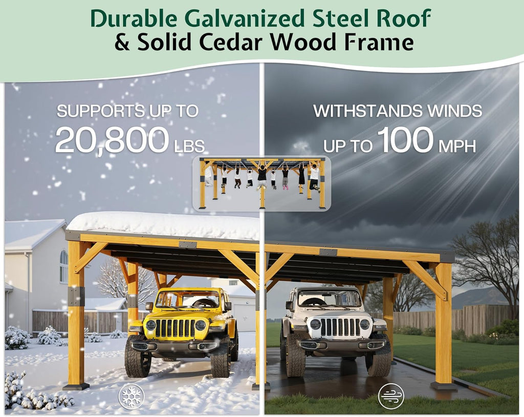 Jocisland 20x20x9.2 FT Cedar Wood Carport for 2 Cars, Heavy Duty Canopy Carport with Sloped Galvanized Steel Roof for All Weather, Permanent Shelter for Full-Sized Pickup Truck, Boat & Tractor