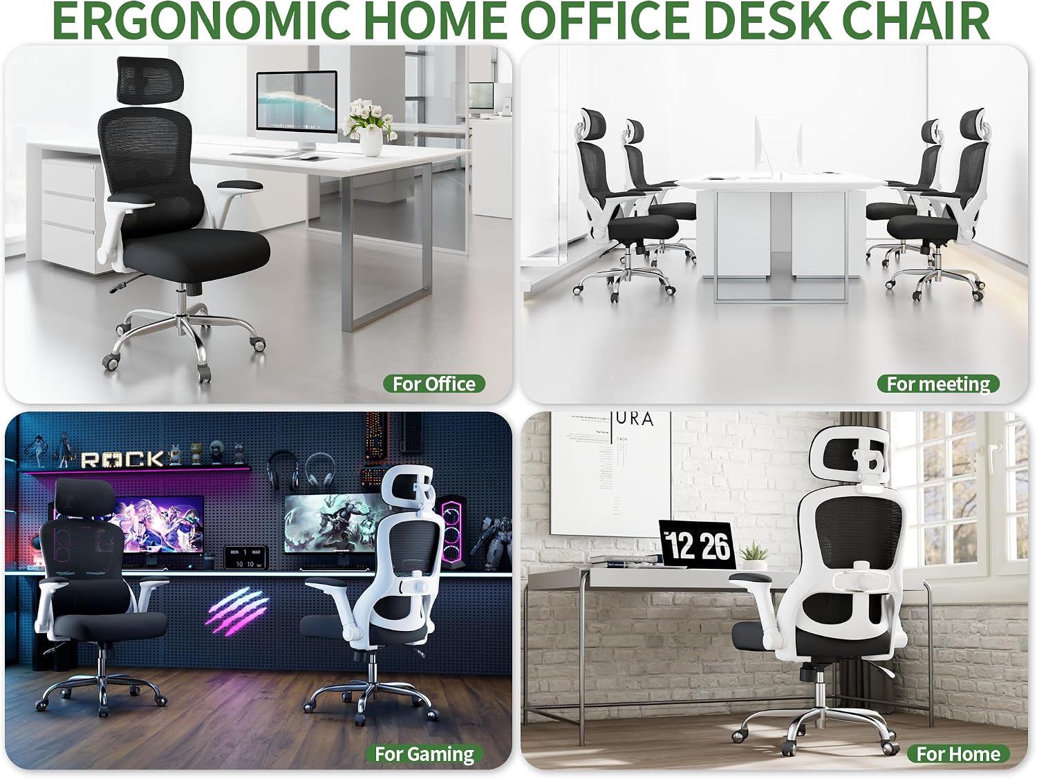 Office Chair - Ergonomic Desk Chair with Adjustable Headrest Lumbar Support Computer Chair - Mesh Comfy Chairs with Flip-up Armrests - Big and Tall Gaming Chairs for Adults Home Office(White Black)