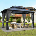 GAOMON 10'x13' Hardtop Gazebo, Outdoor Polycarbonate Double Roof Canopy, Aluminum Frame Permanent Pavilion with Curtains and Netting, Sunshade for Garden, Patio, Lawns, Gray