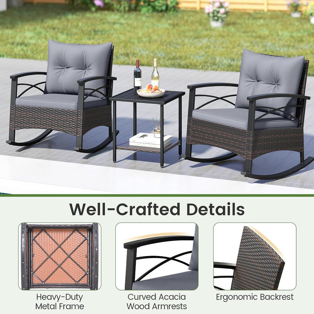 Tangkula 3 Pieces Outdoor Rocking Chairs Set, Rattan Heavy Duty Cushioned Rocker Chairs with 2-Tier Tempered Glass Coffee Table, for Garden, Balcony, Backyard (Gray)