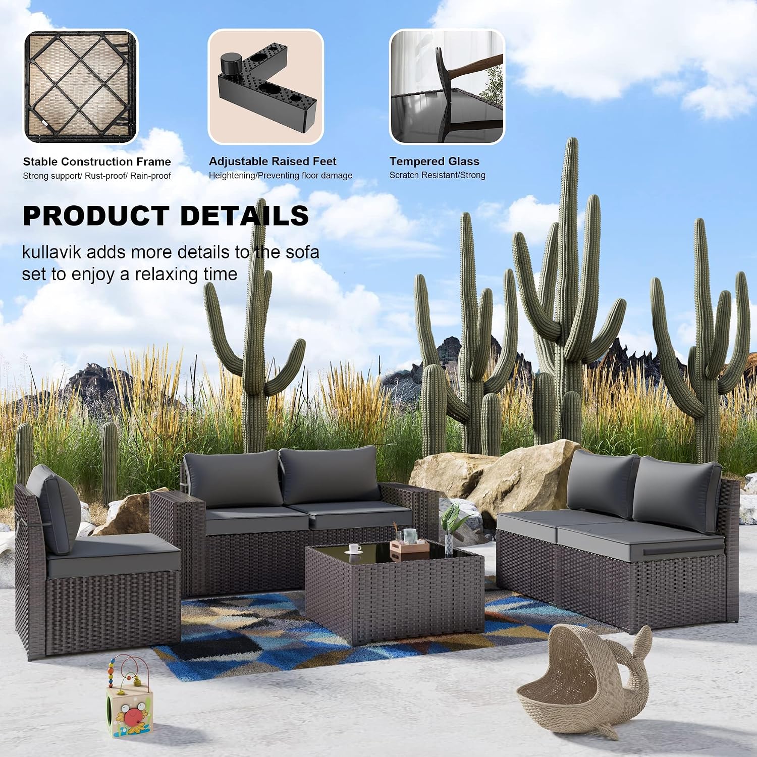 Kullavik 6PCS Outdoor Patio Furniture Set PE Wicker Rattan Sectional Sofa Patio Conversation Sets,Grey
