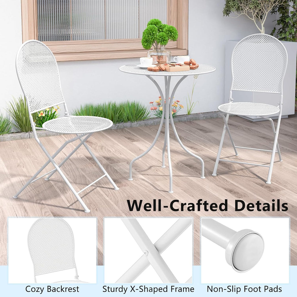 Tangkula 3 Pieces Patio Bistro Set, Metal Table and Folding Chair Set for 2, Outdoor Garden Furniture Set with Round Table & 2 Folding Chairs, Indoor Outdoor Bistro Set for Garden, Yard, Porch (White)