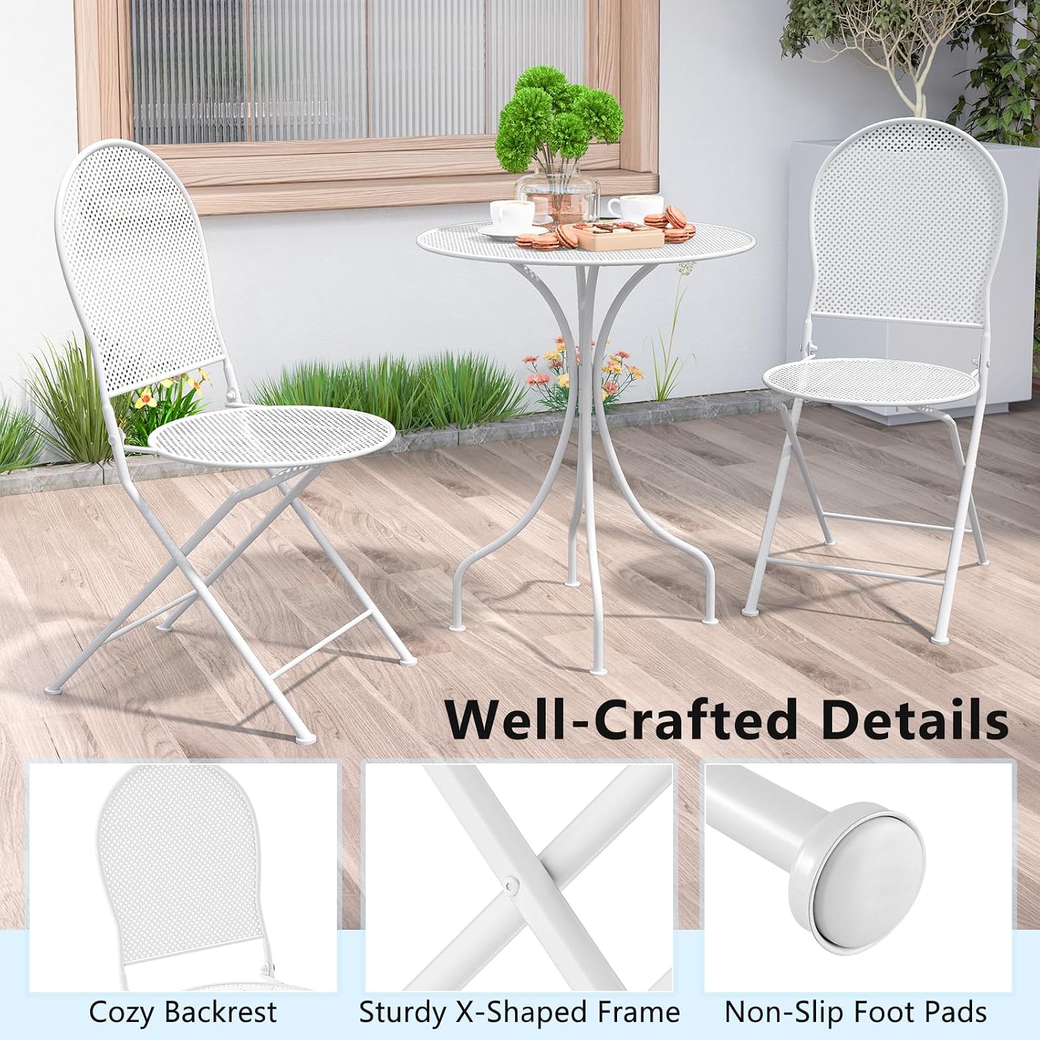 Tangkula 3 Pieces Patio Bistro Set, Metal Table and Folding Chair Set for 2, Outdoor Garden Furniture Set with Round Table & 2 Folding Chairs, Indoor Outdoor Bistro Set for Garden, Yard, Porch (White)