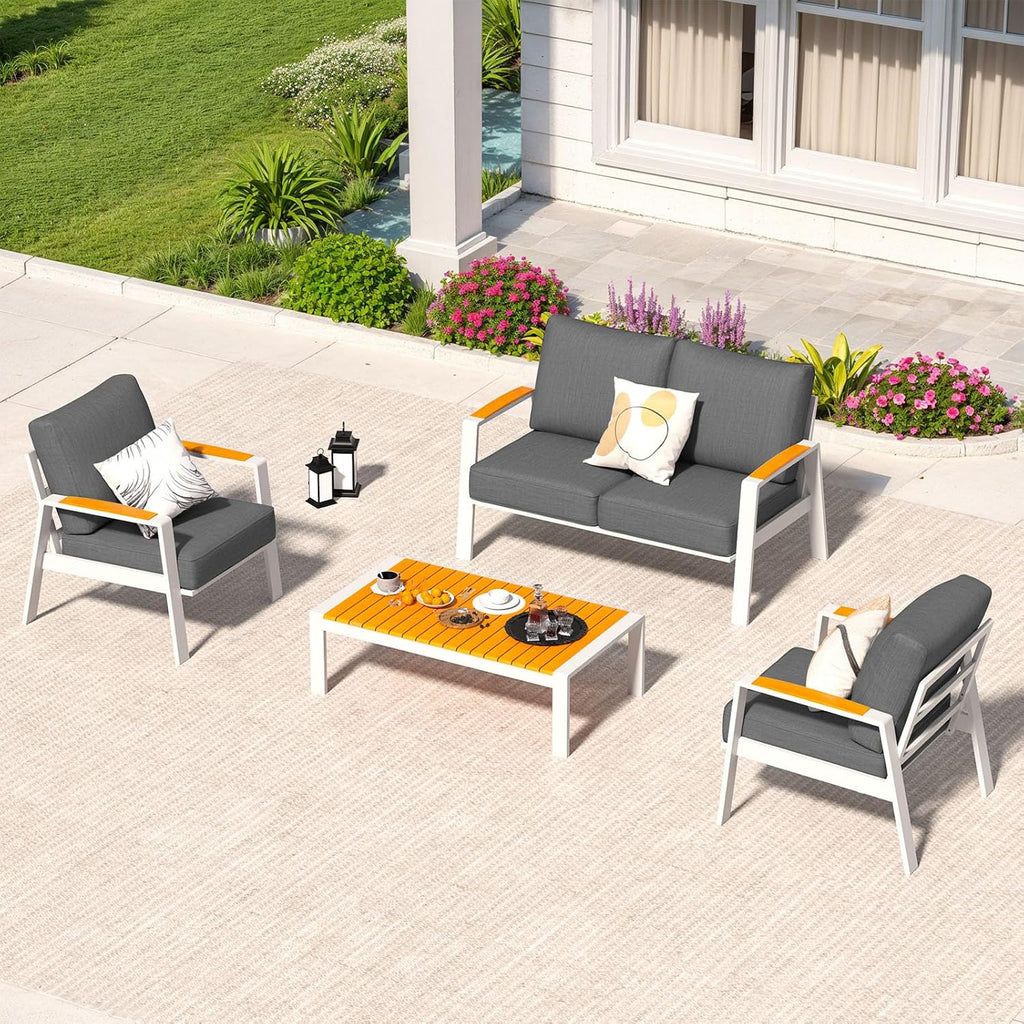 Aluminum Patio Furniture Set, 4 Piece Modern Outdoor Coversation Sets with Teak Coffee Table, Metal Sectional Sofa Couch for Porch, Balcony, Deck, Dark Gray