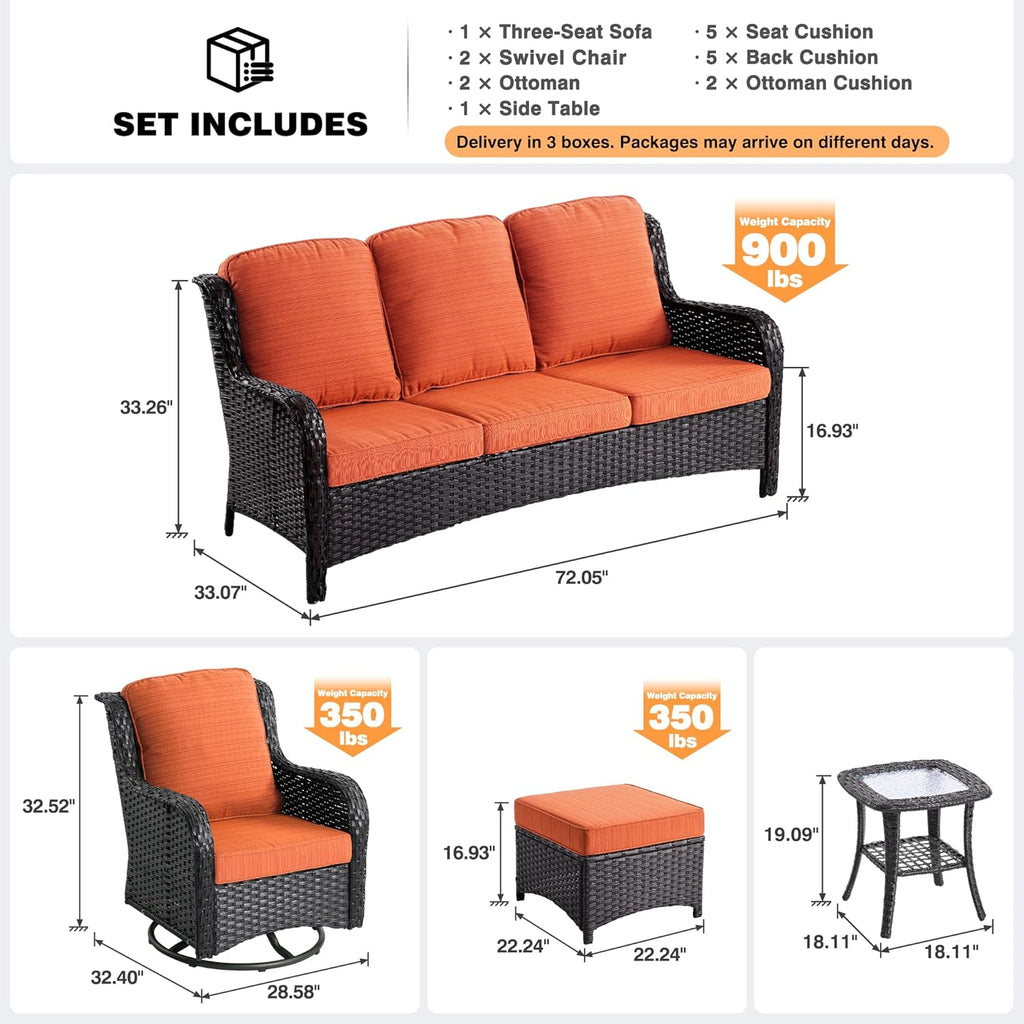 ovios 6-Pieces Patio Furniture Set, Outdoor Wicker Sofa Couch with Swivel Glider Chairs Comfy Cushions, High Back Modern Conversation Set, Brown Rattan, Orange Red