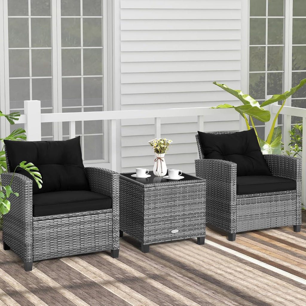 COSTWAY 3PCS Patio Furniture Set, PE Rattan Wicker Sofa w/Washable Cushion and Coffee Table, Tempered Glass Tabletop, Outdoor Conversation Set for Balcony, Porch, Yard, Backyard, Lawn, Black