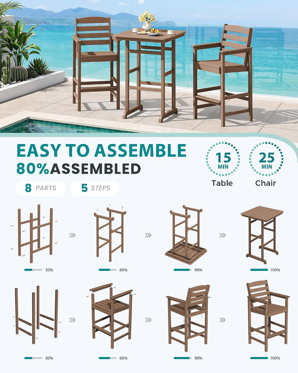 SERWALL 5 Pieces Adirondack Bar Chairs Set with Bar Table, HDPE Outdoor Barstool Set, Brown
