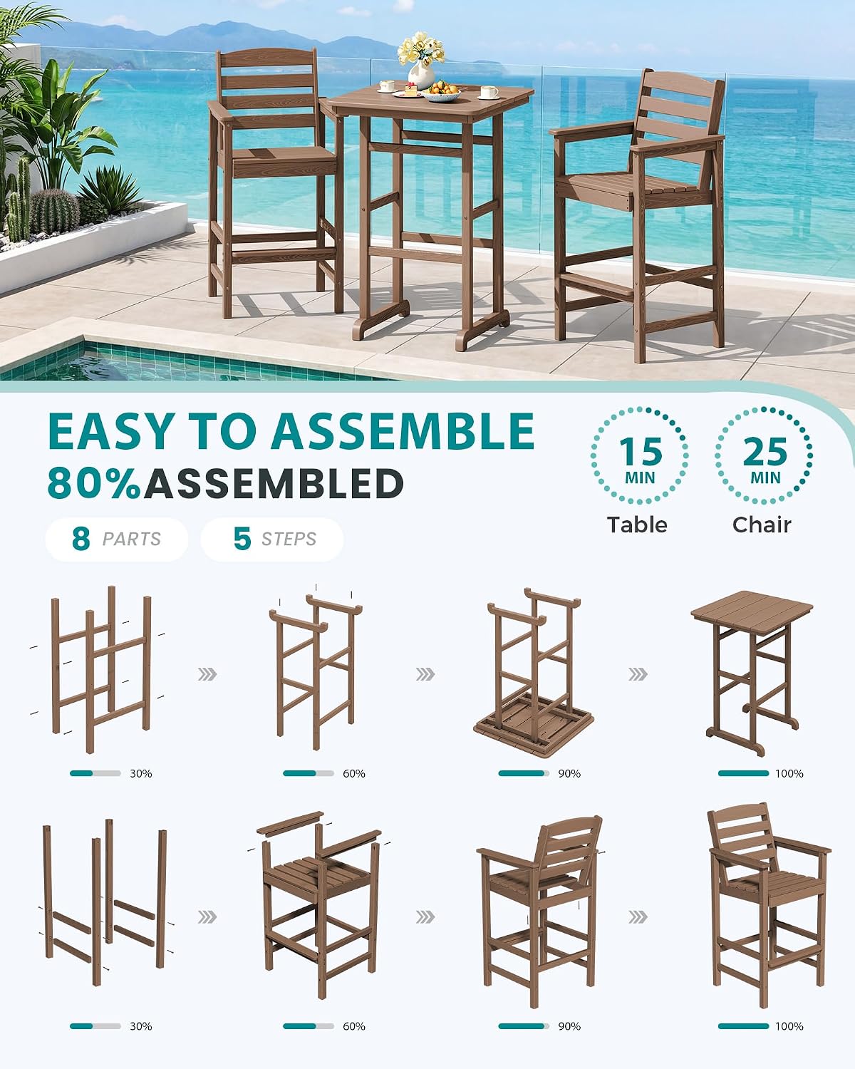 SERWALL 5 Pieces Adirondack Bar Chairs Set with Bar Table, HDPE Outdoor Barstool Set, Brown