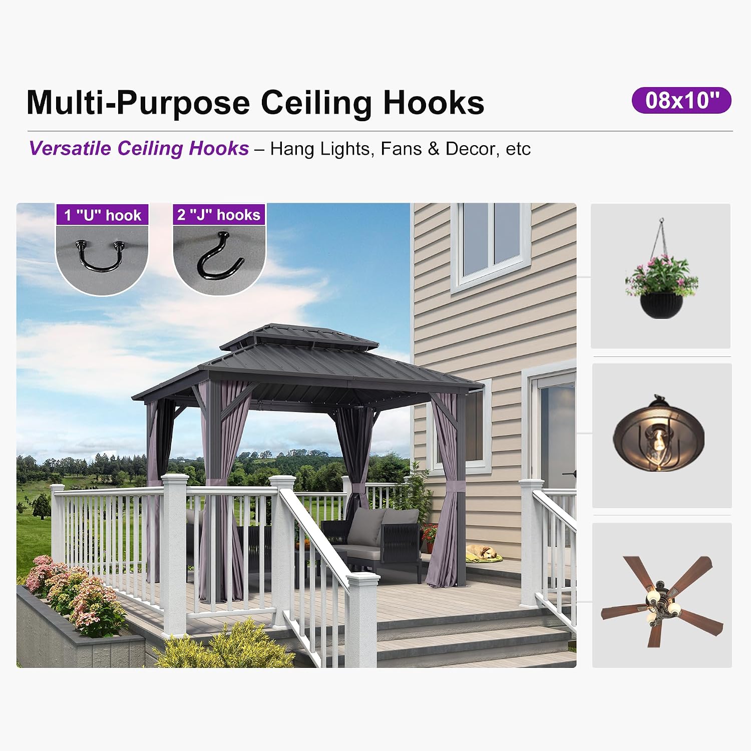 PURPLE LEAF 8' X 10' Permanent Hardtop Gazebo with Galvanized Steel Double Roof for Patio Lawn Garden Aluminum Gazebo with Netting and Curtains Grey