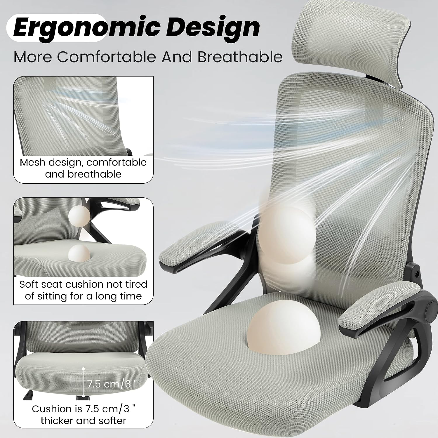 Fizzin Ergonomic Office Chair, 400 LBS Computer Chairs with Adjustable Lumbar Support, Breathable Mesh Desk Chair Ergonomic with Thickened Cushion, Comfy Home Office Desk Chair (Dark Gray)