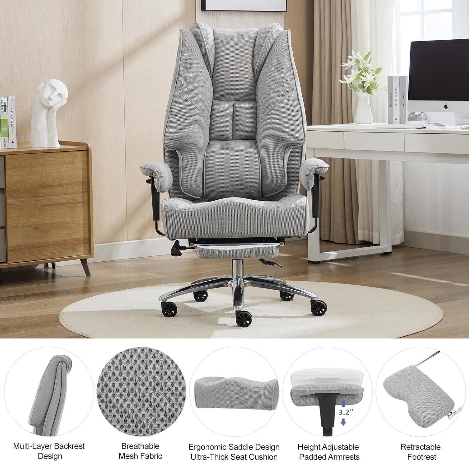 EXCEBET Big and Tall Office Chair 400lbs Wide Seat, Leather High Back Executive Office Chair with Foot Rest, Ergonomic Chairs Lumbar Support for Lower Back Pain Relief (Mesh Dove Grey)