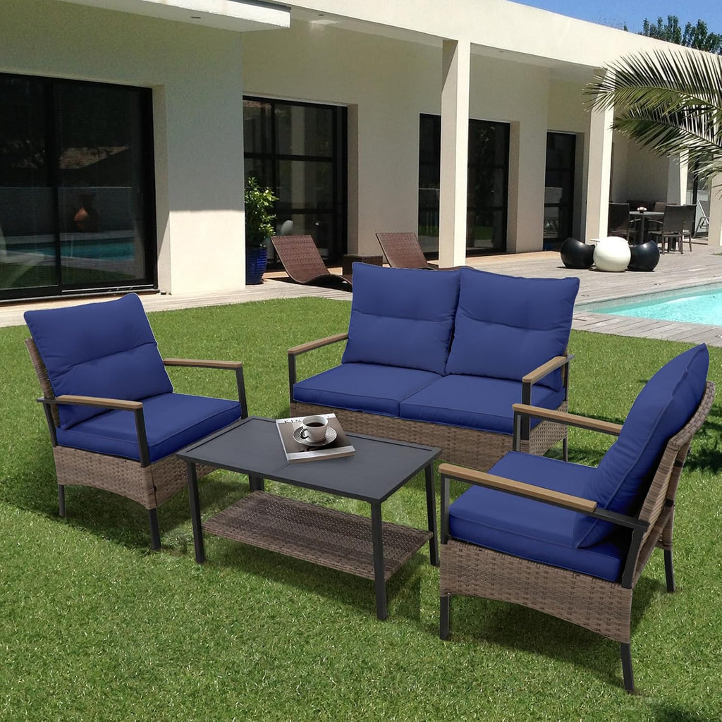 COOS BAY Sunset Haven Outdoor Patio Furniture Set, Outdoor Conversation Set, Rattan Wicker Sofa, Loveseat, 2 Patio Chairs and Coffee Table, Brown/Blue