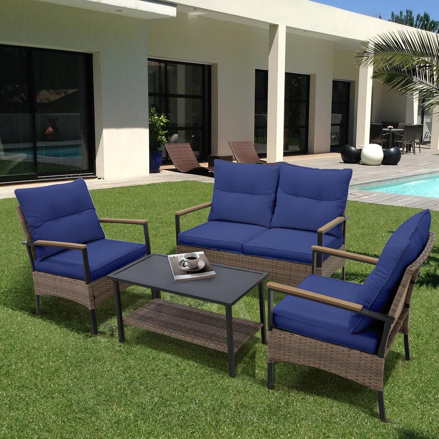COOS BAY Sunset Haven Outdoor Patio Furniture Set, Outdoor Conversation Set, Rattan Wicker Sofa, Loveseat, 2 Patio Chairs and Coffee Table, Brown/Blue