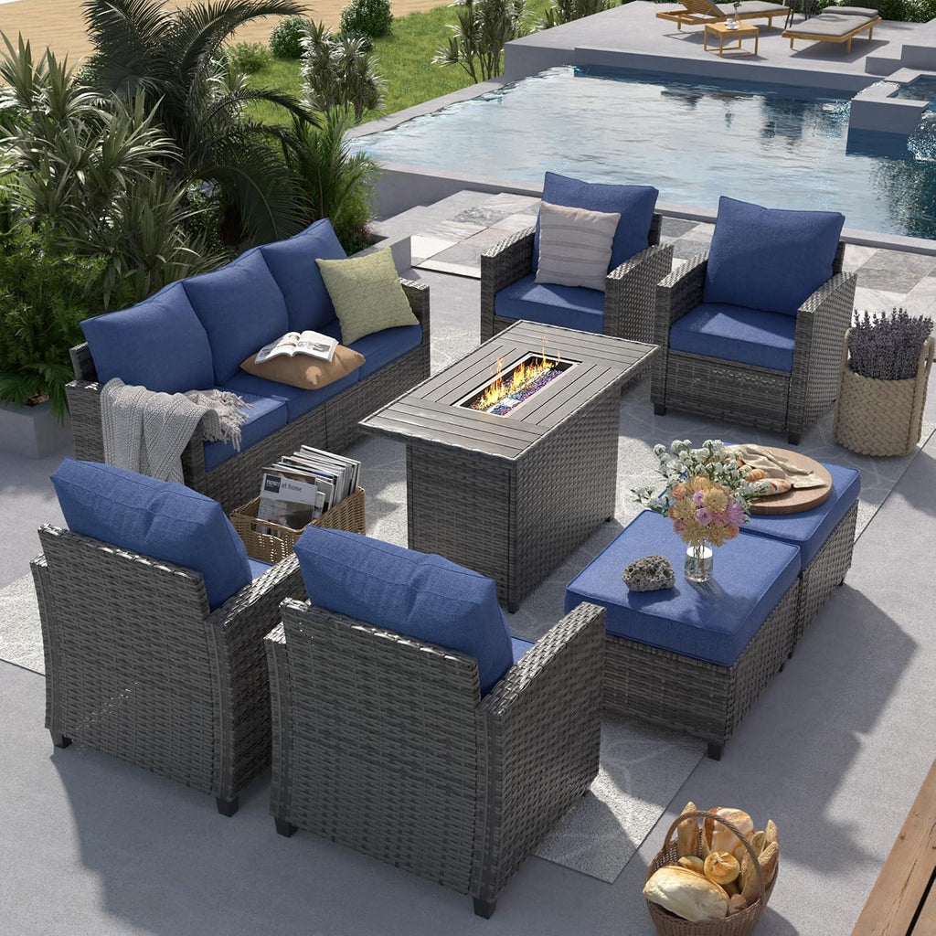 UDPATIO Outdoor Patio Furniture Set with 44' Fire Pit Table, 8 Pieces Sectional Conversation Sets, All-Weather Wicker Rattan Sofa Ottoman with 4' Thick Cushion for Garden Backyard Deck, Navy Blue