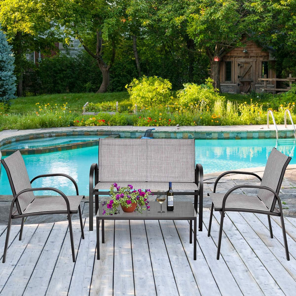 Tangkula 4 Pieces Patio Furniture Set, Metal Frame Heavy Duty Outdoor Conversation Set, Includes Glass Top Coffee Table, 2 Armrest Chairs and Loveseat, Suitable for Lawn Garden Porch Balcony (Gray)