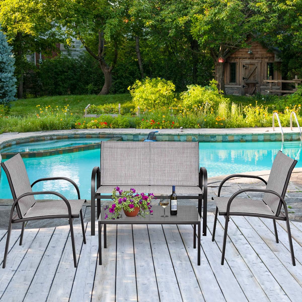 Tangkula 4 Pieces Patio Furniture Set, Metal Frame Heavy Duty Outdoor Conversation Set, Includes Glass Top Coffee Table, 2 Armrest Chairs and Loveseat, Suitable for Lawn Garden Porch Balcony (Gray)